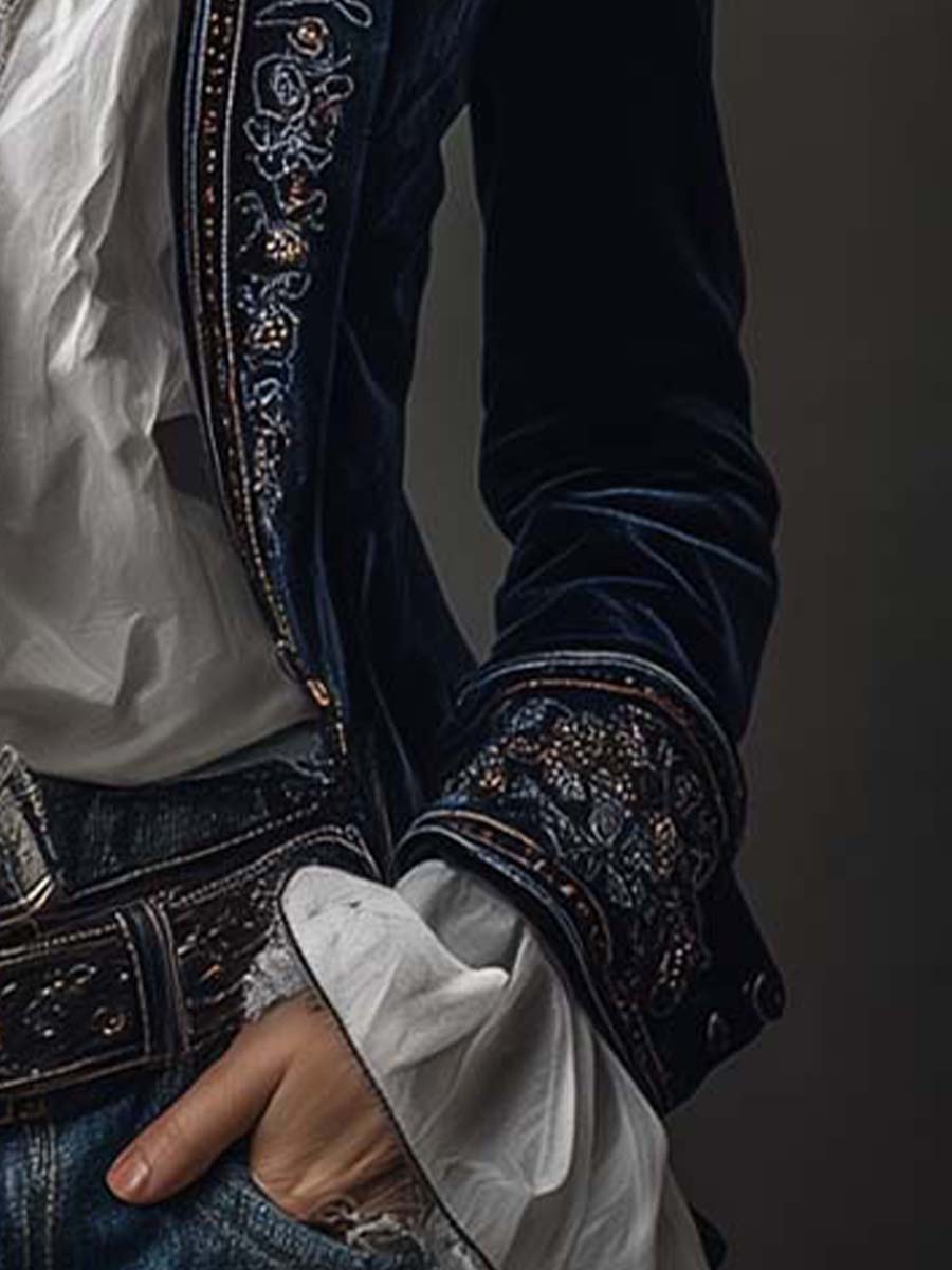 Alba | Chaqueta Larga Bordada Azul Marino