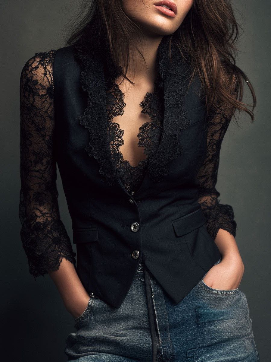 Sofía | Blazer Corto Negro con Mangas Transparentes