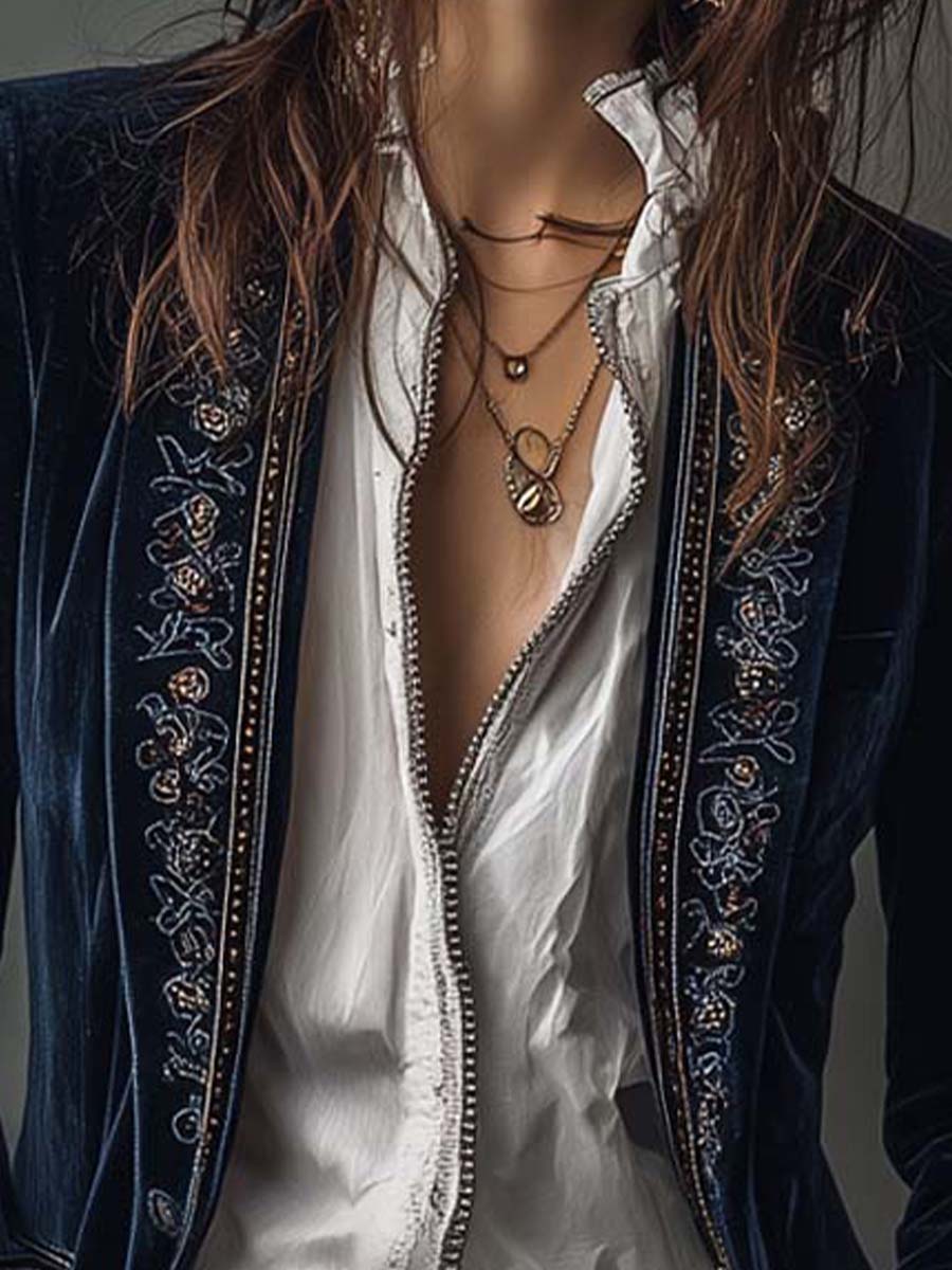Alba | Chaqueta Larga Bordada Azul Marino