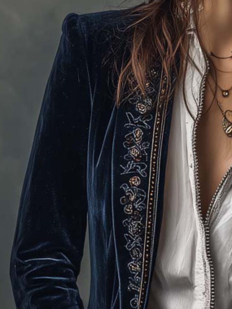 Alba | Chaqueta Larga Bordada Azul Marino