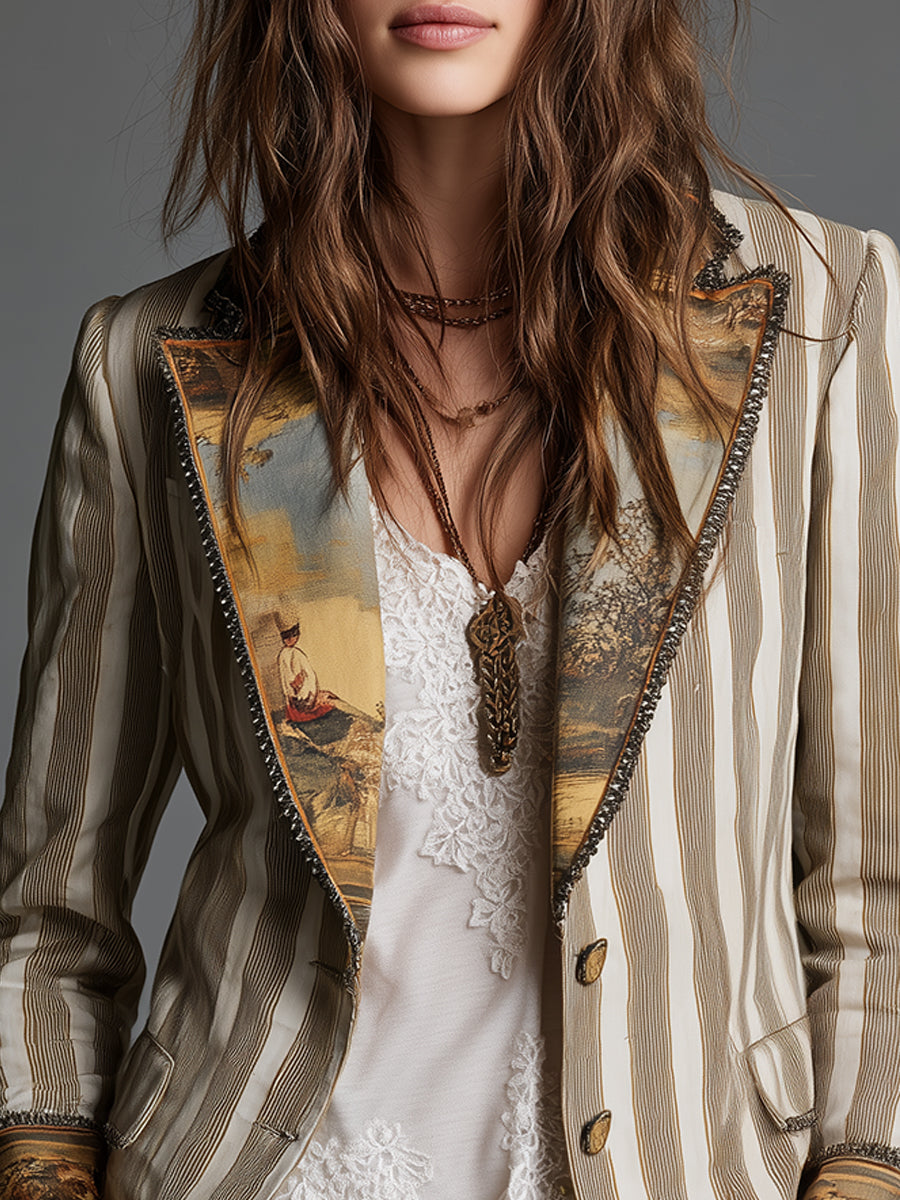 Beatriz | Blazer Boho de Rayas con Cuello Estampado