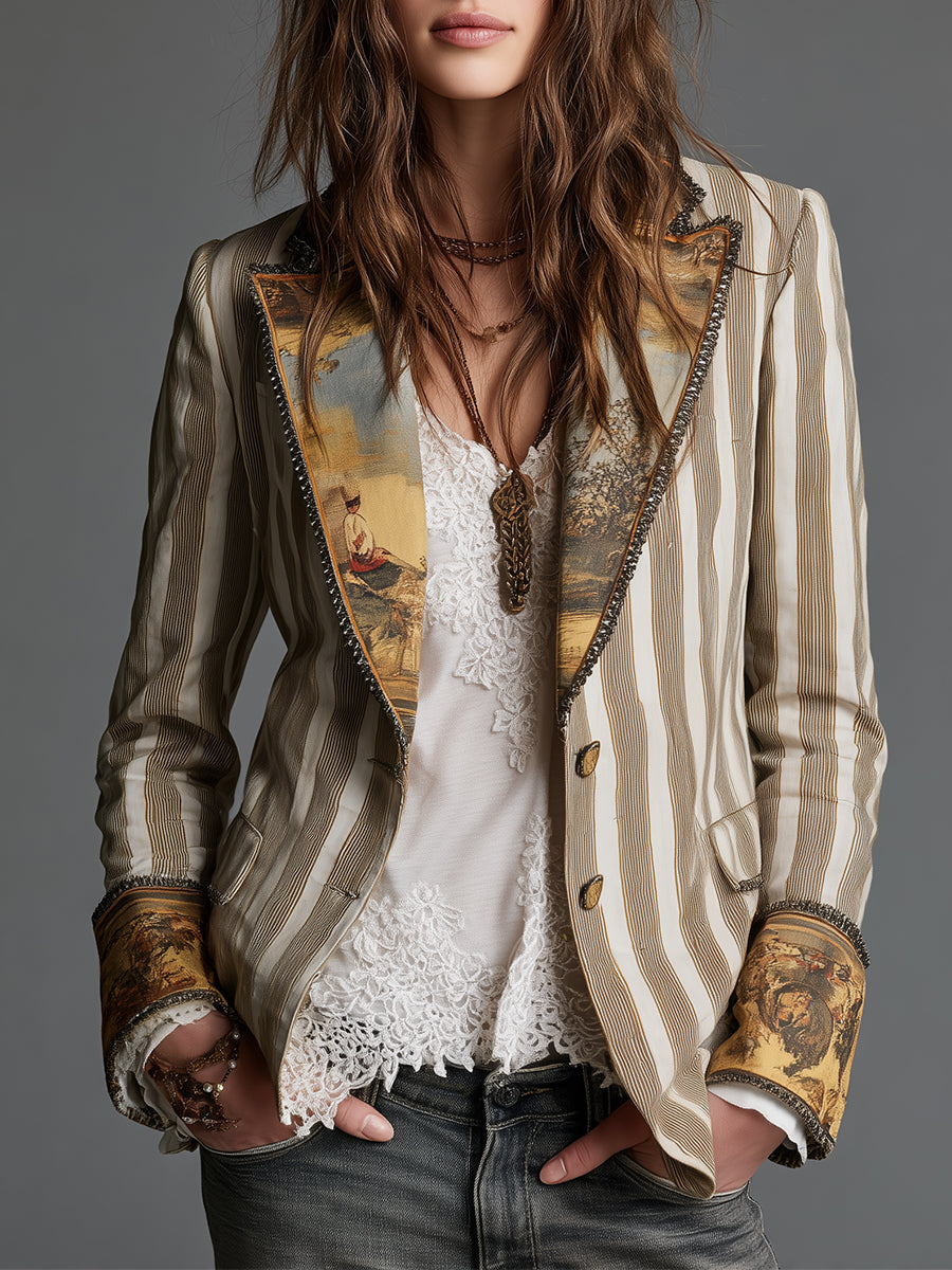 Beatriz | Blazer Boho de Rayas con Cuello Estampado