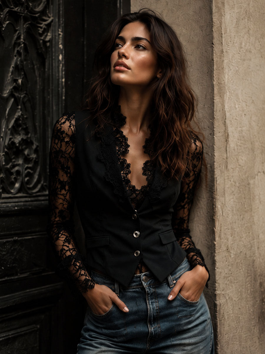 Sofía | Blazer Corto Negro con Mangas Transparentes