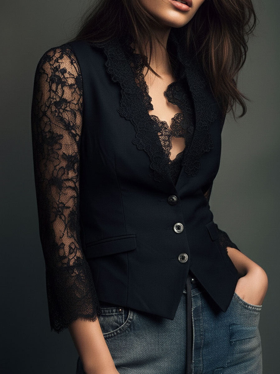 Sofía | Blazer Corto Negro con Mangas Transparentes