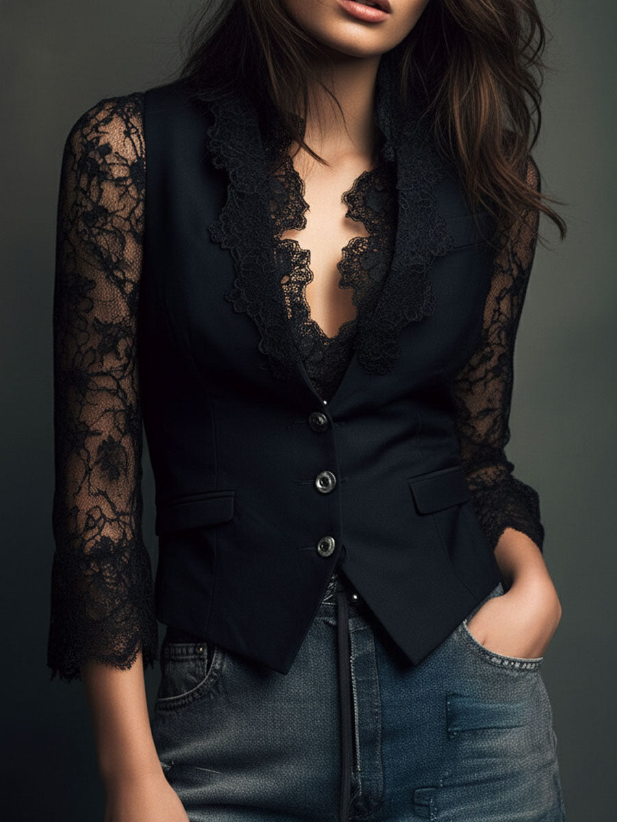Sofía | Blazer Corto Negro con Mangas Transparentes